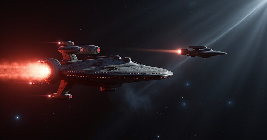 Deep Space 9 under attack by a Klingon-style raider as a runabout and starship move to intercept
