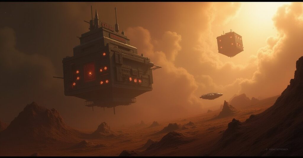 Borg probes and a Borg Cube arriving at a raider station as ships form a battle line