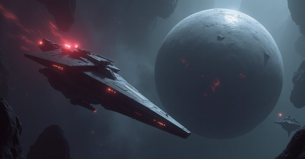 A starship guarding a mysterious alien object from an approaching destroyer in Star Trek Fleet Command