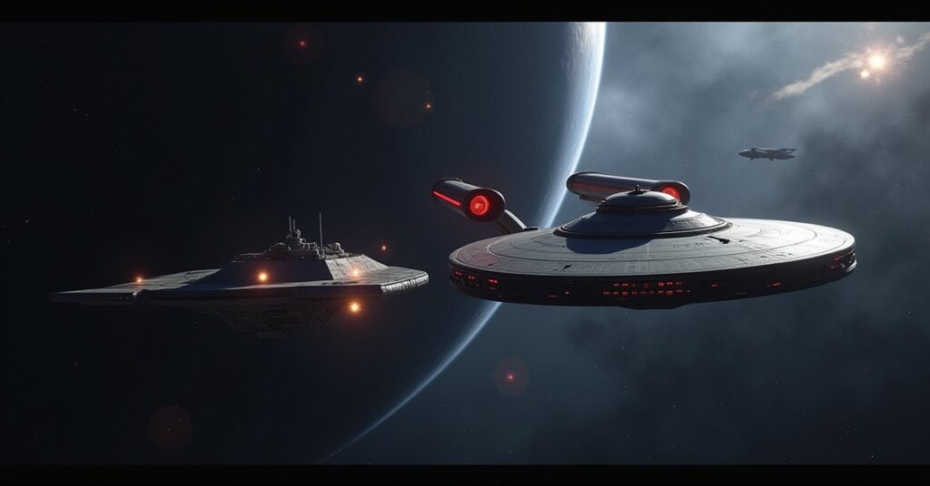 The USS Enterprise and a starship facing a rogue Starfleet vessel in Star Trek Fleet Command