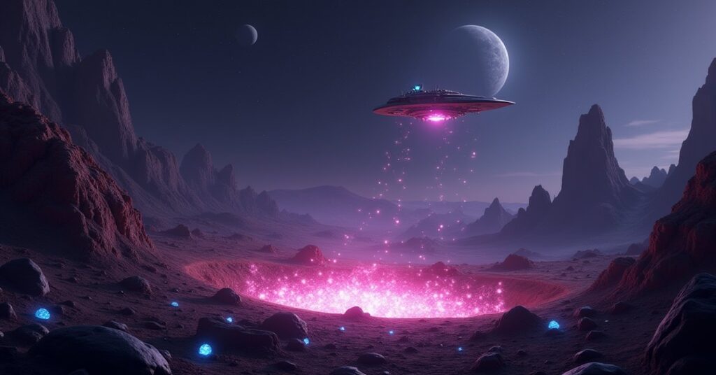 A starship approaching a crystal-filled impact crater on an alien planet in Star Trek Fleet Command