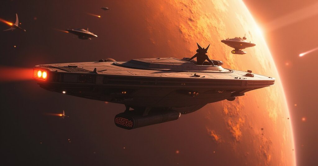 A Klingon captain leads a starship toward the last Aeonian colony ships in Star Trek Fleet Command