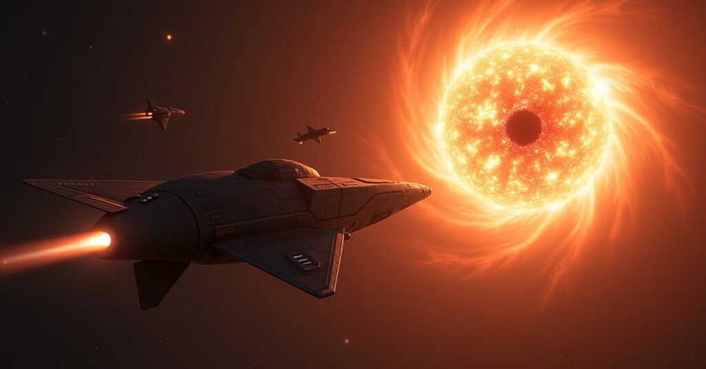 A Romulan warbird escorting a ship toward a supernova beside a black hole in Star Trek Fleet Command
