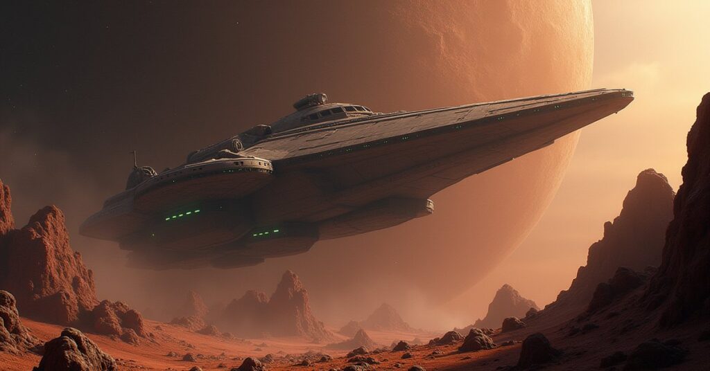 A starship finding a hidden Klingon camp on a rocky moon in Star Trek Fleet Command
