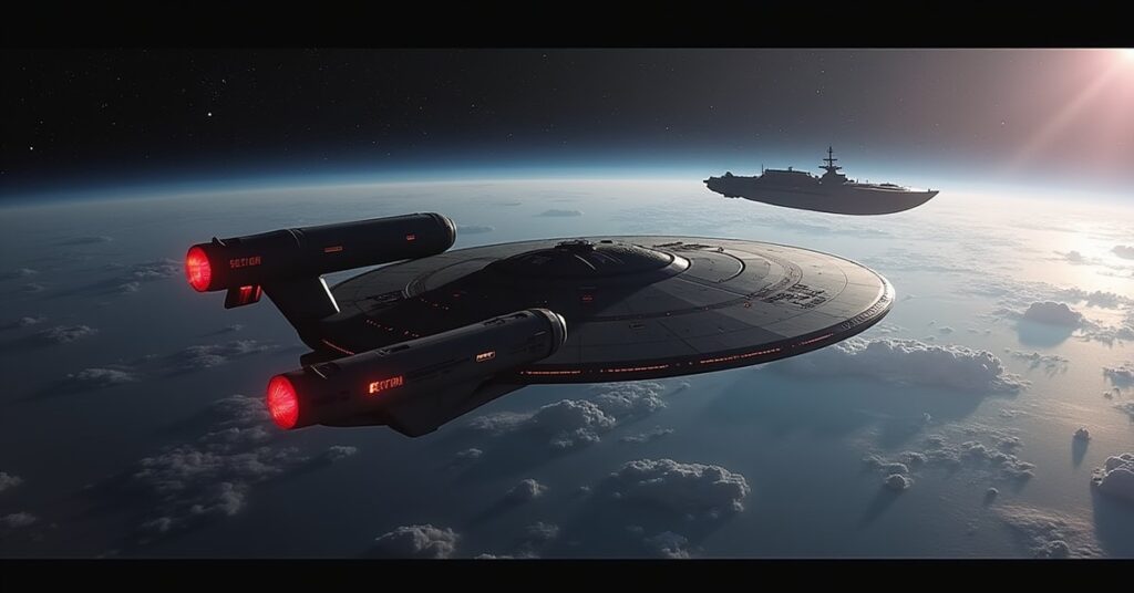 A Federation starship shields a cargo vessel near a Section 31 recon ship in Klingon space
