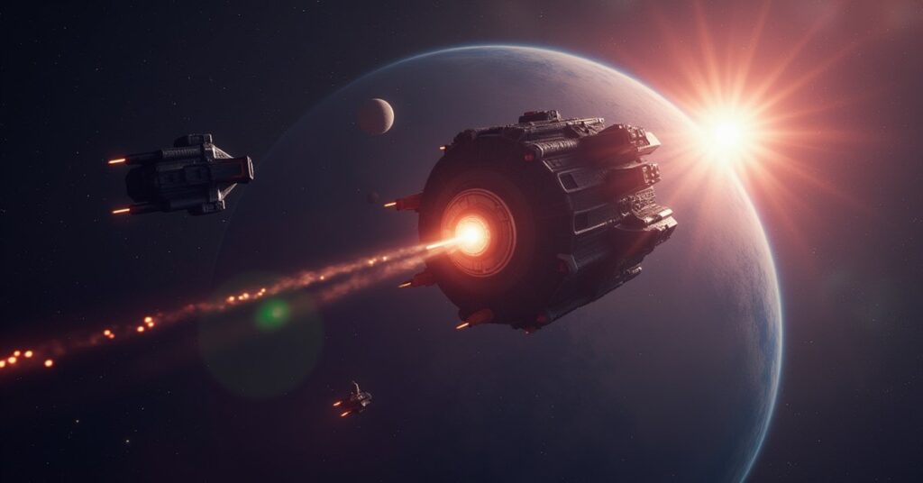 A space station relocating toward a new star system in Star Trek Fleet Command