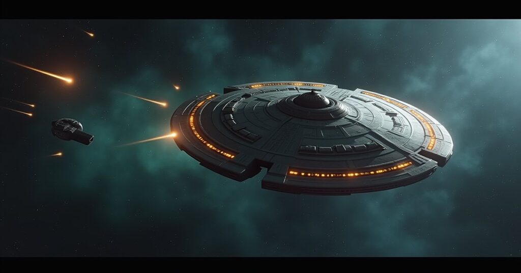A disguised ship firing on a Klingon defense vessel in Star Trek Fleet Command