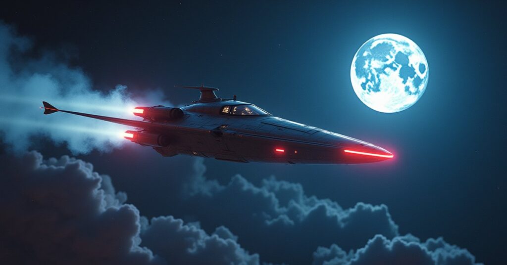 A holoprogram starship fleeing a Pakled clumpship under a bright silver moon