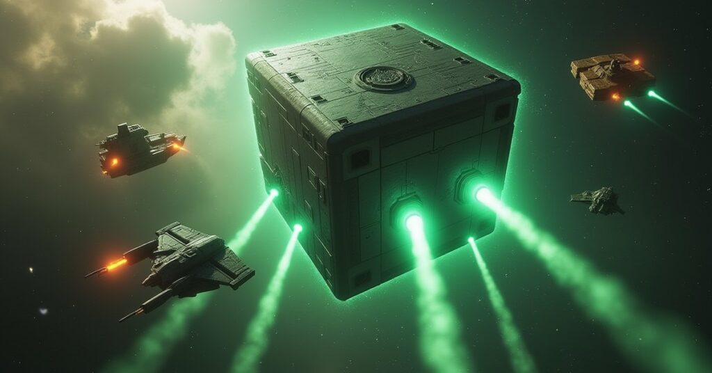 Romulan and Klingon ships fire together on a Borg Cube above a space station in Star Trek Fleet Command