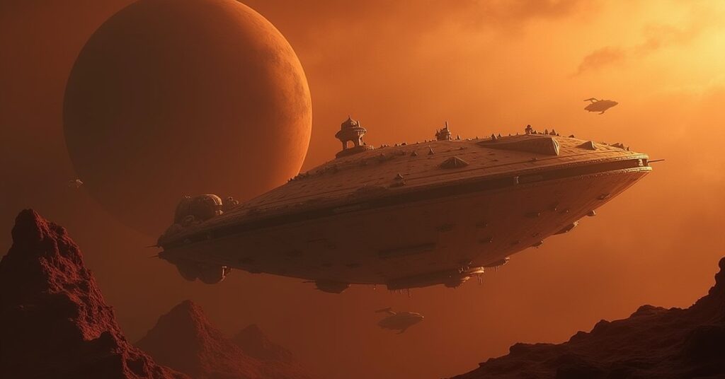 A starship approaching a Klingon science vessel above a research planet in Star Trek Fleet Command
