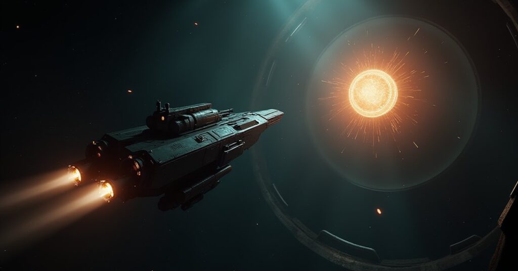 A starship scanning a glowing ancient alien pod in Star Trek Fleet Command