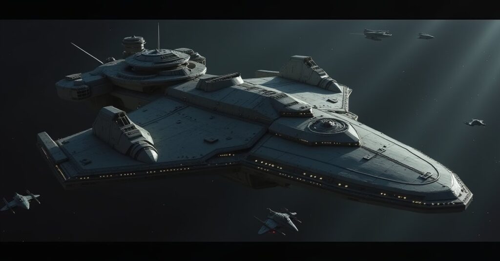 A Klingon warship protecting small recon ships from Romulan warships in Star Trek Fleet Command