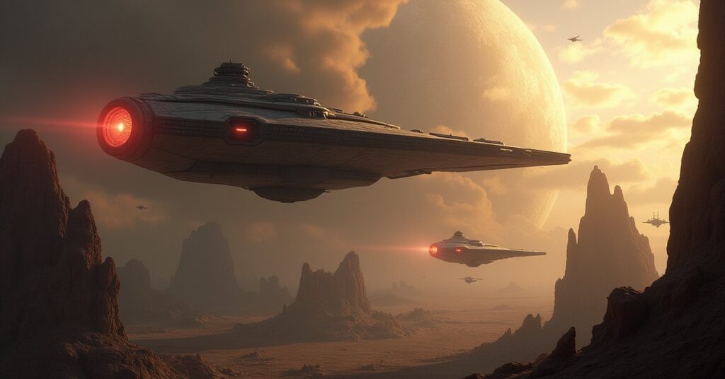 A Romulan warbird looming over a frontier colony as a Federation starship moves in to defend it