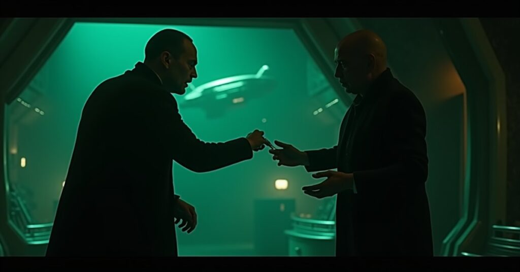 A Romulan agent passing forged evidence to a trader on a dim space station in Star Trek Fleet Command