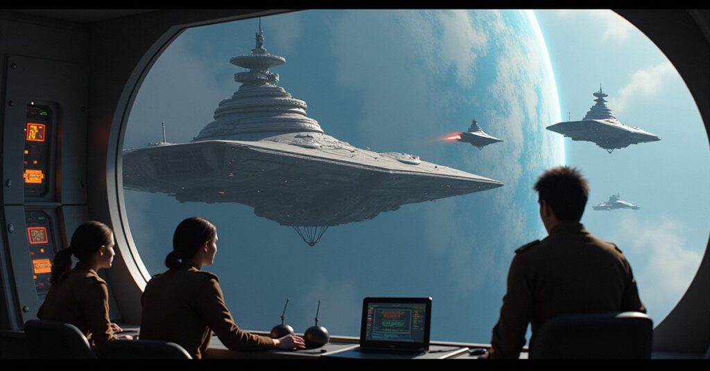 The U.S.S. Athena defends a space station against an attacking fleet led by a sleek flagship