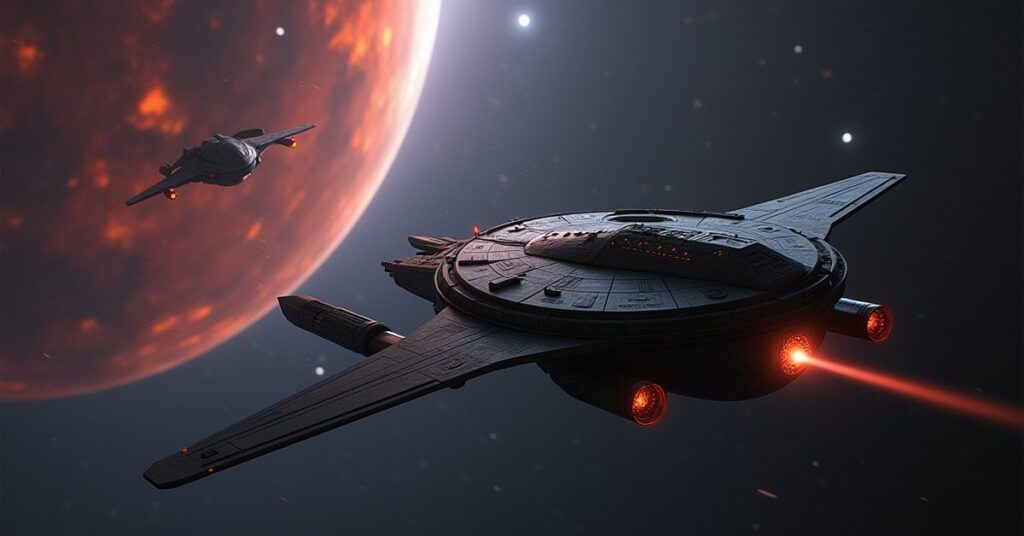 Two starships cornering a small Suliban spy craft near a gas giant in Star Trek Fleet Command