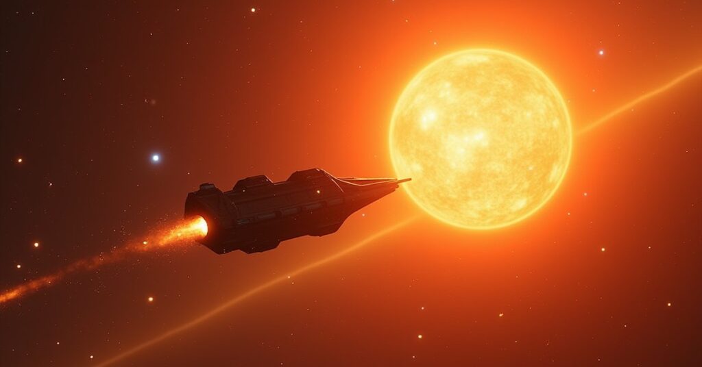 A Klingon warship fires on a trade vessel near a blazing star as data fragments drift into it
