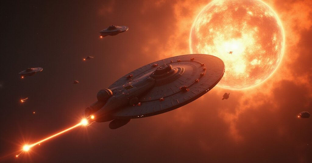 A Federation starship caught in a chroniton pulse as Klingon ships attack a Bolian outpost