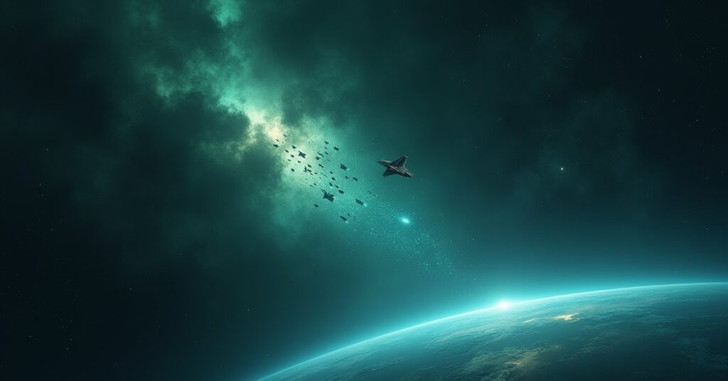 A swarm of small alien ships streaming toward a lone starship above a planet in Star Trek Fleet Command