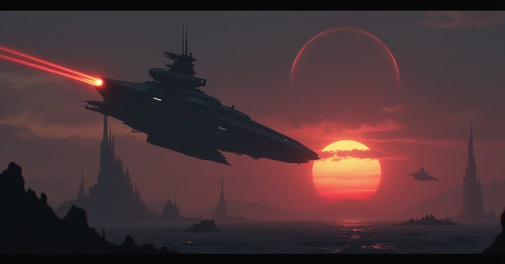 A small starship fighting Nausicaan raiders near a frontier outpost in Star Trek Fleet Command