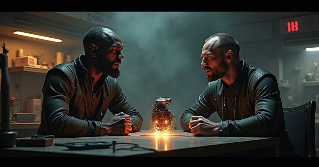 Two Klingon inventors arguing over a glowing device in a workshop in Star Trek Fleet Command