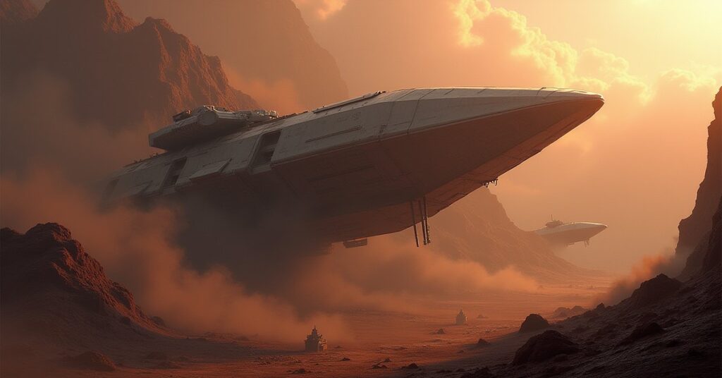 A disabled mining ship near asteroid mines with an Orion ship waiting in Star Trek Fleet Command