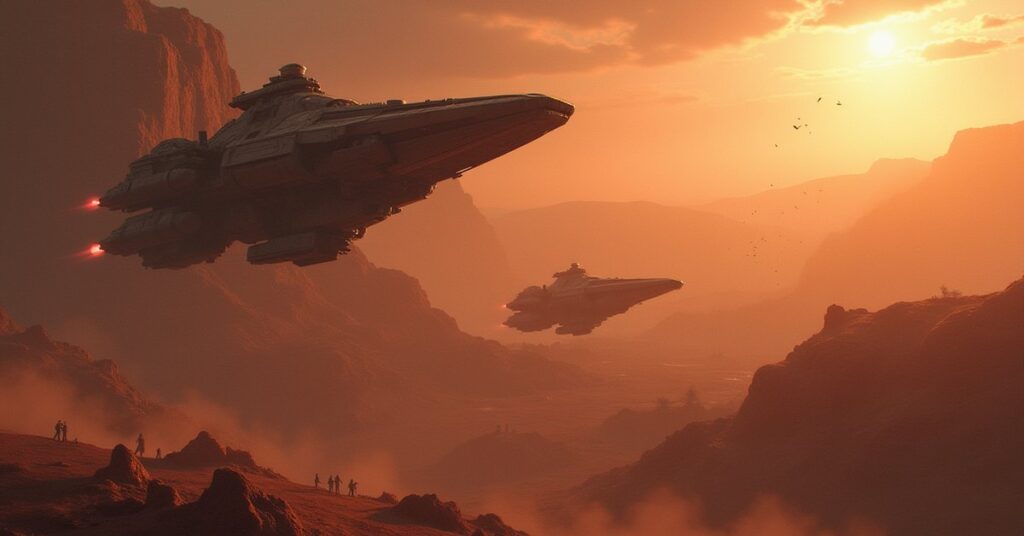 A starship fighting an Orion slaver ship above a frontier colony in Star Trek Fleet Command