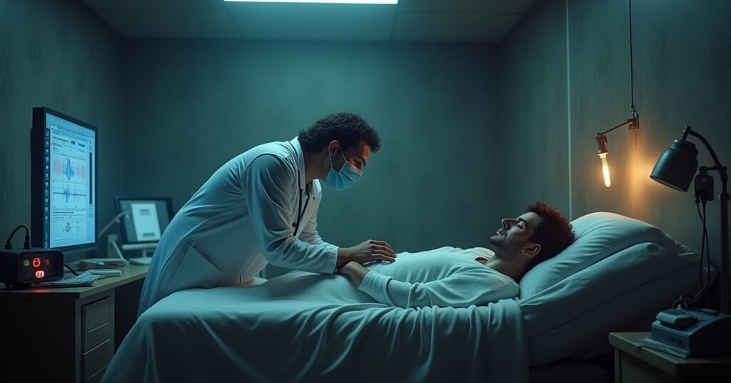 A medic and a scientist tend a comatose patient with a neural stimulator in a makeshift clinic in Star Trek Fleet Command