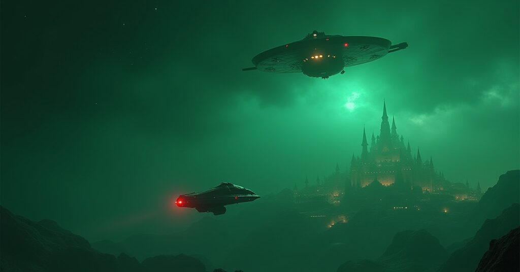 A shuttle escorted toward the Romulan capital on Romulus in Star Trek Fleet Command