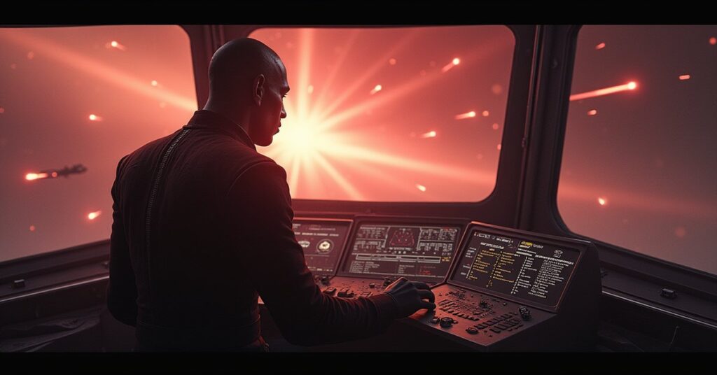 A Klingon officer scans a subspace instability as Surgewalker ships close in, Star Trek Fleet Command