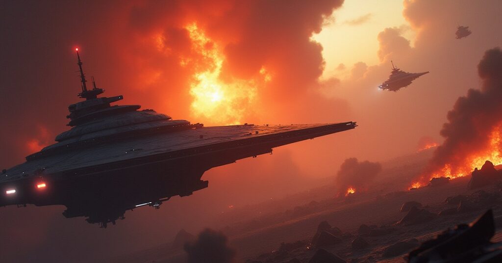 A starship scanning a debris field near a civilian convoy with a pirate ship hiding in Star Trek Fleet Command