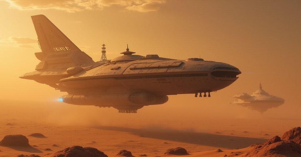 A disabled ship near a desert planet with two starships in a tense standoff in Star Trek Fleet Command