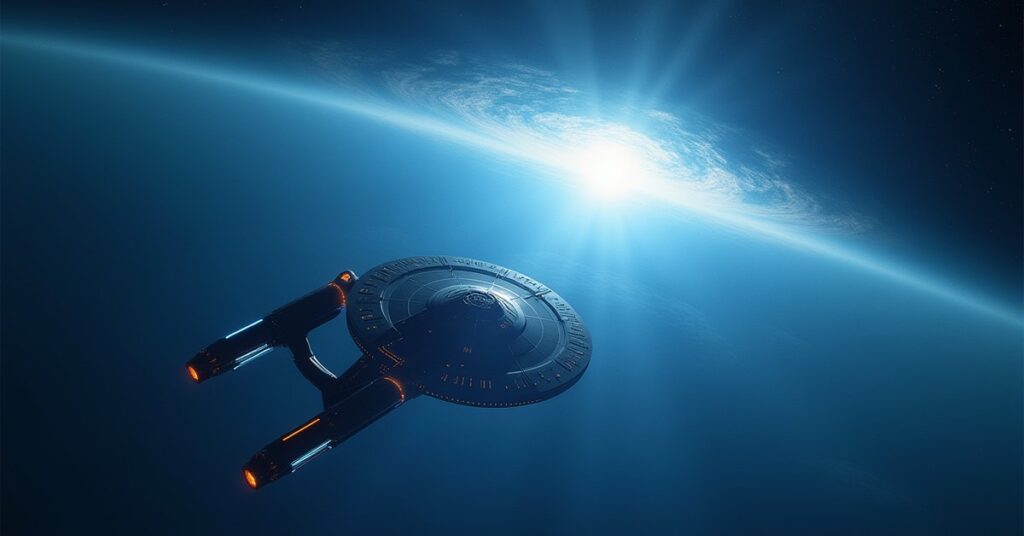 A classic Federation starship near a glowing dimensional rift above a planet in Star Trek Fleet Command
