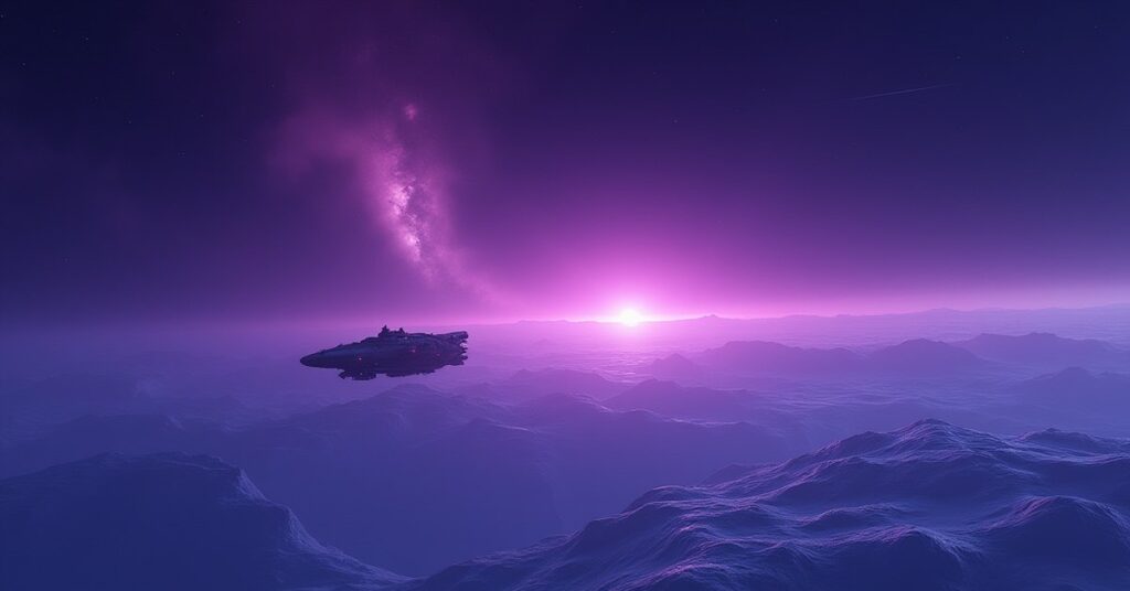 A starship arriving in a remote violet-lit sector to meet an allied vessel in Star Trek Fleet Command
