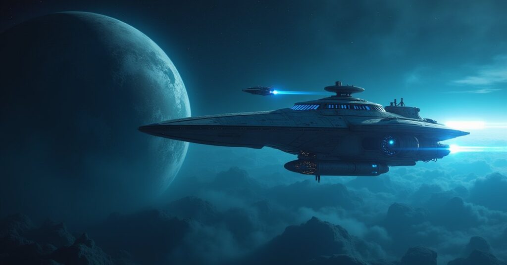 A starship catching a fleeing ship in a tractor beam above a colony world in Star Trek Fleet Command
