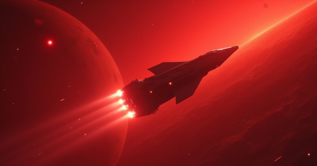 A starship facing armed guard ships at an alien outpost in a red nebula in Star Trek Fleet Command