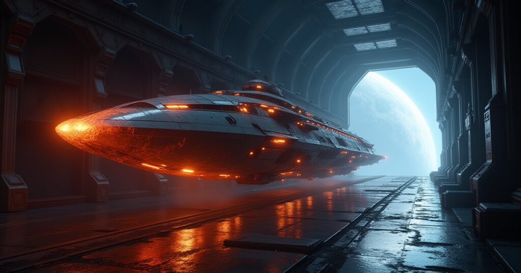 A starship being coated in glowing insulation near a shimmering rift in Star Trek Fleet Command