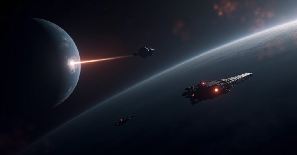 A starship following a glowing alien vessel past faction homeworlds in Star Trek Fleet Command