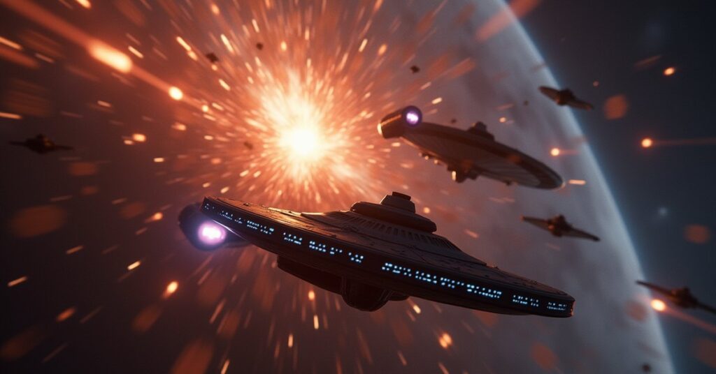 Klingon warships attacking a starbase as a lone ship dives in to help in Star Trek Fleet Command