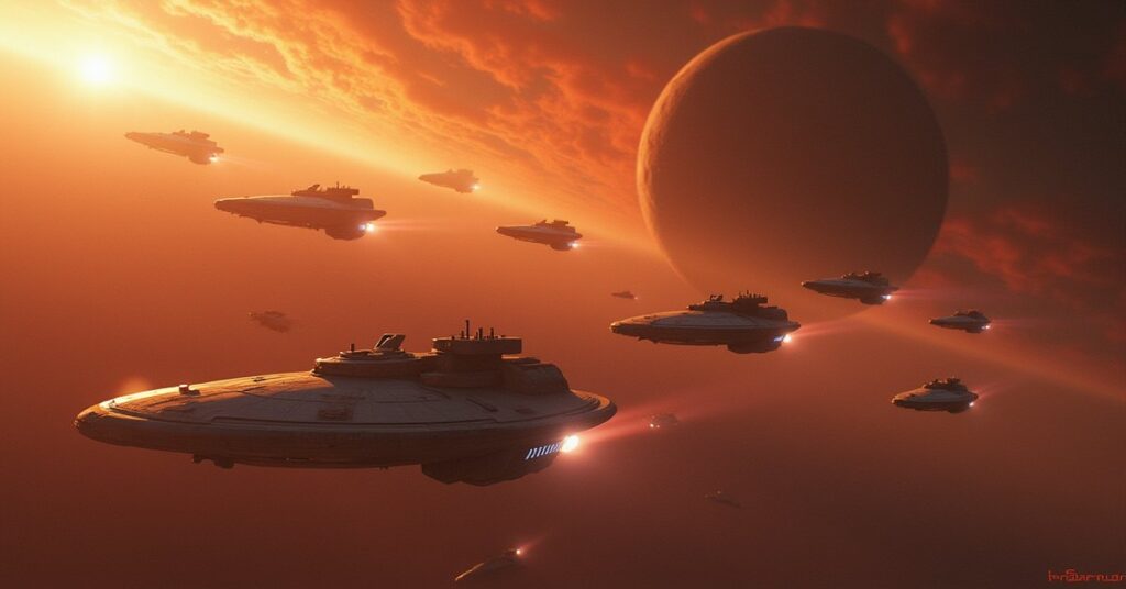 Starfleet ships defending an outpost planet as evacuation shuttles lift off in Star Trek Fleet Command