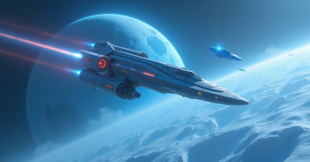 A Federation starship capturing an Andorian vessel above an icy moon in Star Trek Fleet Command