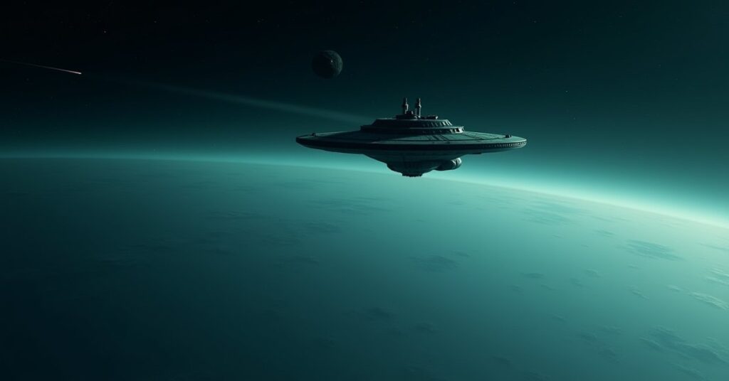 A lone starship tracing a strange signal through a quiet neutral star system in Star Trek Fleet Command