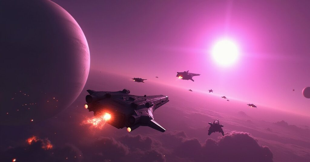 Starships fighting hostile raiders near a ringed planet in the Opla system in Star Trek Fleet Command