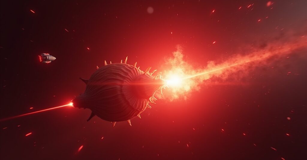 A jellyfish-shaped starship opening a red space rift as a Federation ship moves in