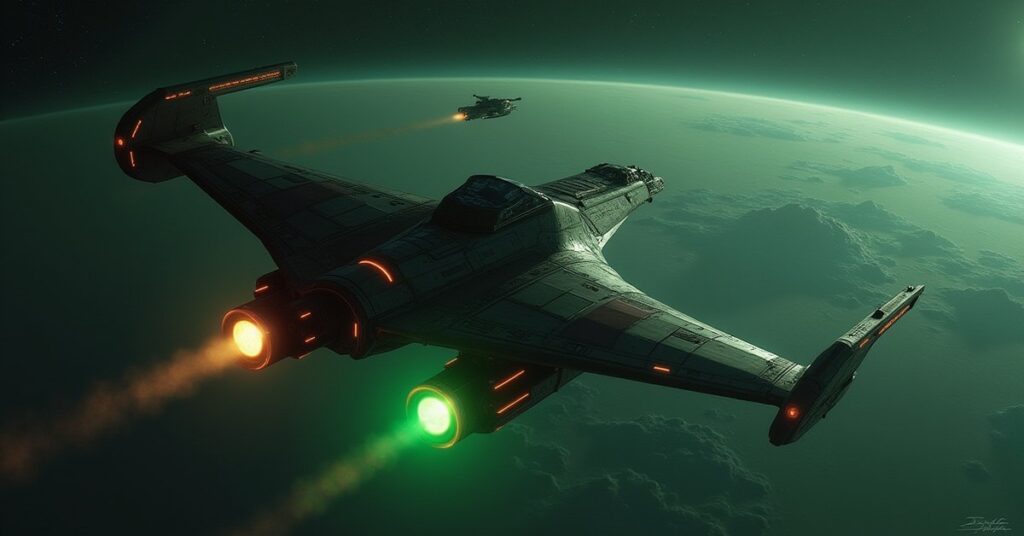 A Romulan warbird fighting a Klingon Bird-of-Prey among space mines above a planet in Star Trek Fleet Command