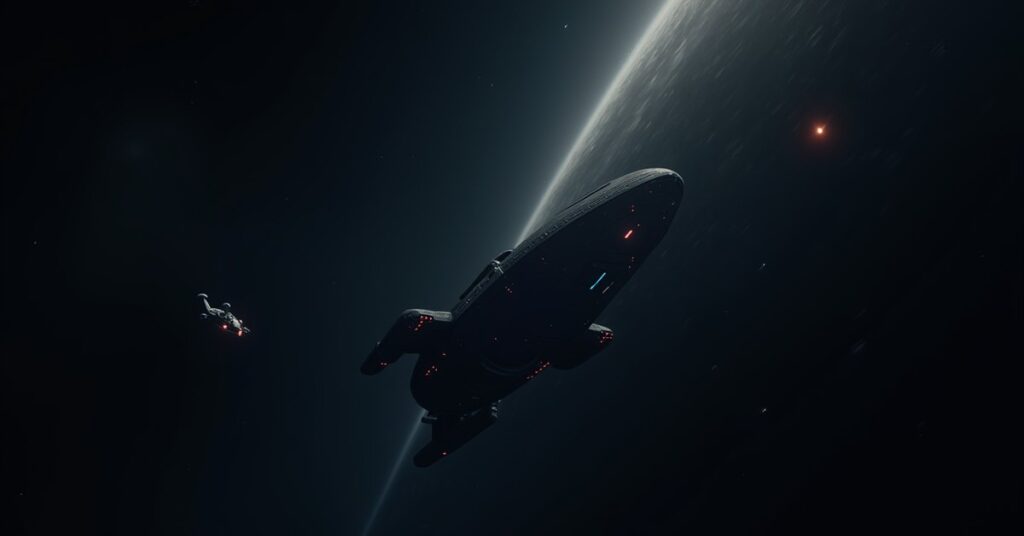 A Starfleet ship enters a dark rift in space as another vessel watches in Star Trek Fleet Command