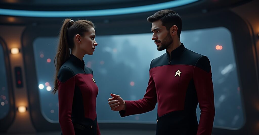A Starfleet officer receiving a promotion on a starship bridge in Star Trek Fleet Command