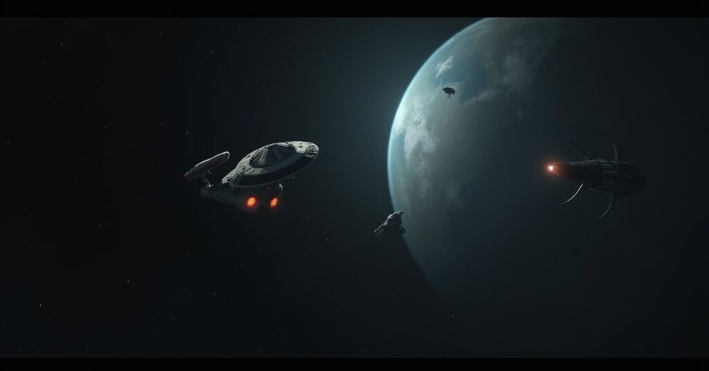 The classic USS Enterprise and a player ship scanning a mine field as Rigelian scavenger ships lurk nearby