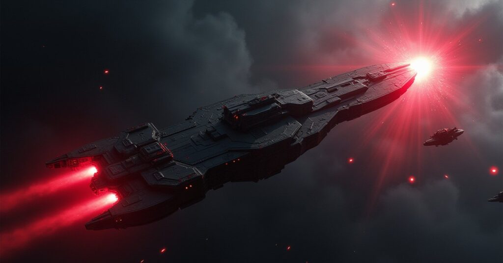 A menacing warship attacking a starbase under red alert in Star Trek Fleet Command