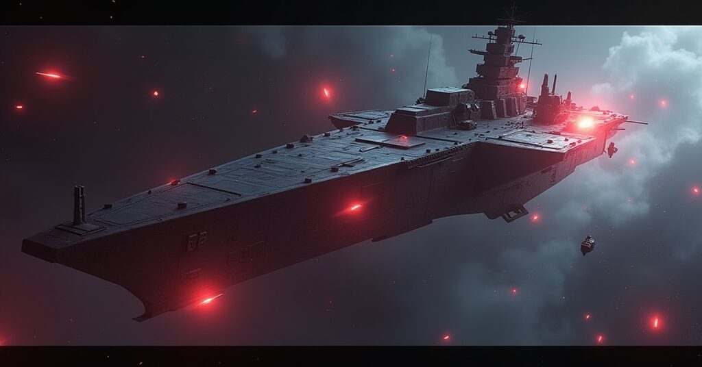 A menacing warship looming near a space station on red alert in Star Trek Fleet Command